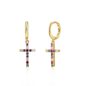 Fashion 925 Sterling Silver Earring Post Copper Cross Dangle Earrings With Colorful Zirconia Inlaid Vintage Hoop Earrings For Women