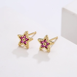 Delicate 18K gold plated star stud earrings with pink cubic zirconia stones on white background
