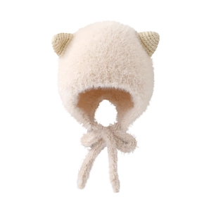 Cappello invernale in peluche per neonati con orecchie da gatto e lacci color crema