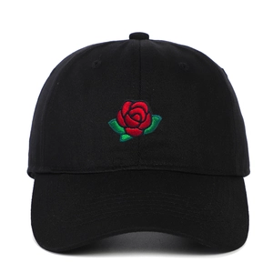 Classic black cotton baseball cap with elegant 3D red rose flower embroidery on front
