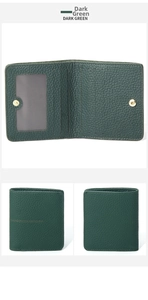 Detail of dark green leather wallet with RFID blocking slots and gold metal snap button