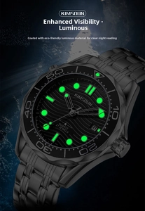 Close-up of black wave dial quartz watch with luminous markers and steel bezel