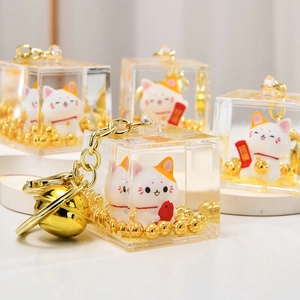 Portachiavi Gatto Della Fortuna Cubo In Acrilico Sabbie Mobili Liquide Paillettes Mobili Ciondolo Per Borsa Con Campanellino Dorato