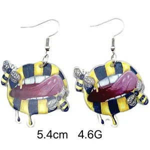 Detailed size view of acrylic lip earrings with bee pattern and yellow stripes