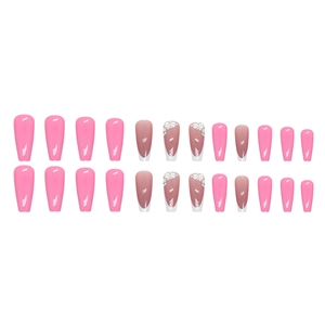 Barbie pink long coffin nails with white French tips and luxury rhinestone accents