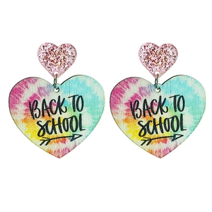 Tie-dye heart earrings with pink glitter studs and Back to School printed wooden design