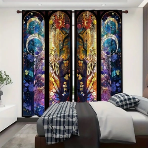 Detailed close-up showing stained glass sun and moon pattern on navy blue bedroom curtains