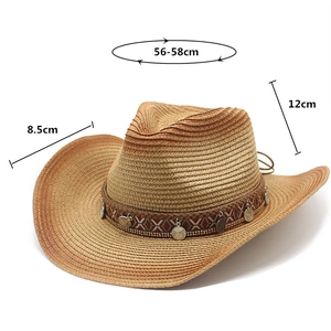Detail view of woven straw cowboy hat showing dimensions 56-58cm with decorative band