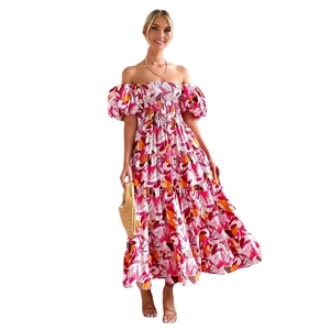 Pink floral off-shoulder maxi dress with puff sleeves and high waist for summer beach vacation