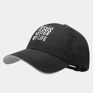 Quick-dry mesh baseball cap with Jesus Saved My Life slogan in black and grey