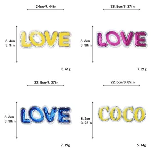 Tableau des tailles détaillé pour écussons LOVE et COCO en paillettes brodées de bricolage
