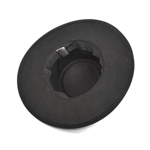 Detail view of cotton polyester fedora interior with label and sweatband