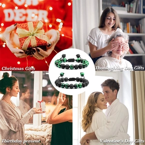 Green Tiger Eye and Black Lava Stone braided beaded bracelet set for couples gift