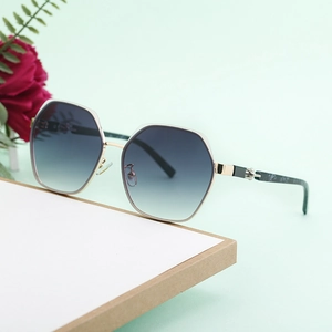 Fashionable geometric square gold sunglasses with blue gradient lenses for women
