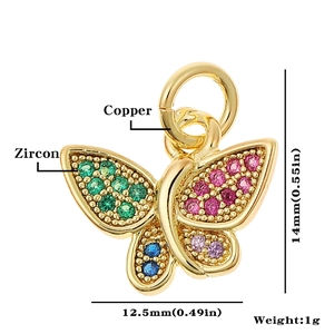 Macro detail of 12.5x14mm copper butterfly pendant with colorful zircon stones and specs