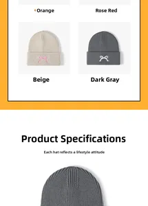 Detail of embroidered bow on ribbed knit beanies in orange, rose, beige and grey