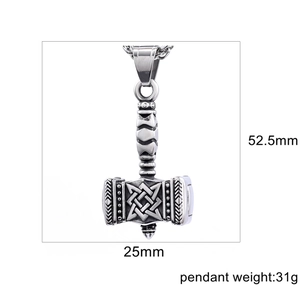 Detailed view of Viking Thor's hammer pendant with Nordic patterns and 52.5mm size specs