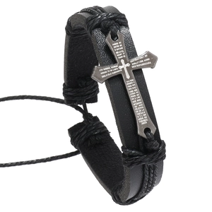 Mens vintage black braided leather bracelet with adjustable cross pendant and Spanish prayer