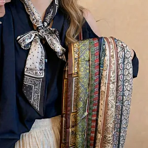 Vintage Paisley Print Narrow Scarf Necklace For Women Satin Fabric Floral Long Skinny Ribbon Neck Tie Bag Accessory