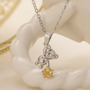 Cute Bear Pendant Necklace Copper With Zircon Star Simple INS Style Women Jewelry