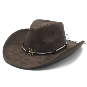 Western Cowboy Hat PU Leather Wide Brim Ship Wheel Metal Badge Vintage Ethnic Style Sun Protection For Men Women