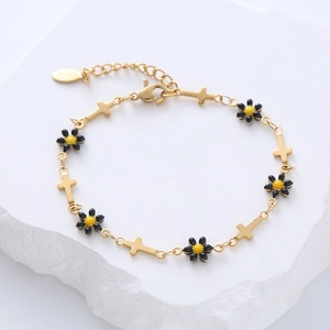 18k gold plated stainless steel bracelet with colorful floral charms and gold crosses
