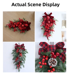 Close-up of Christmas swags with pine cones, red berries, and festive ribbons