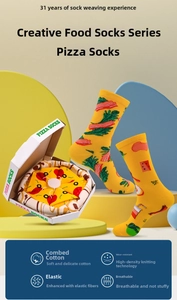 Detail of creative pizza socks in a box made of breathable combed cotton fabric