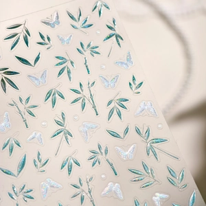 Nail Art Stickers Green Bamboo Butterfly Embossed Glitter Iridescent Chinese Style Retro Elegant Women DIY Manicure Decals