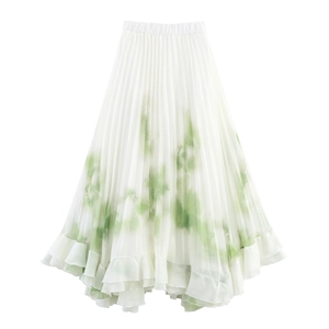 Women Pleated Long Skirt Bohemian Chiffon Elastic High Waist Abstract Ink Wash Print Irregular Ruffle Hem Flowy Elegant