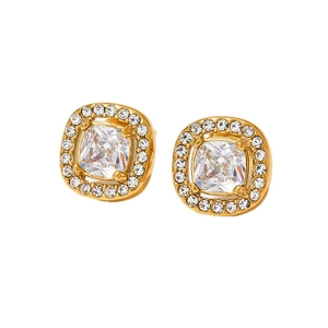 Elegant gold plated square halo stud earrings featuring sparkling cubic zirconia stones