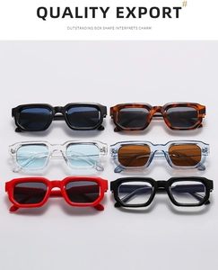Collection of thick rectangular frame sunglasses in multiple vintage colors and tints