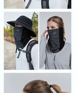 Detail of dark grey ice silk sun protection neck gaiter with Sport logo for outdoor cycling