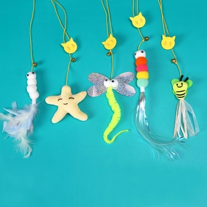 Hanging cat toy set with plush stars, insects, and colorful feathers for active play