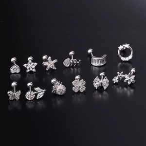 Set of 16G silver stainless steel ear studs with heart star flower and cherry shapes