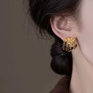 Vintage gold tassel earrings with glittering zircon and brown tiger eye stone beads