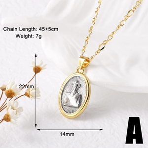 Detail view of 18k gold plated Virgin Mary pendant with 22mm x 14mm dimensions