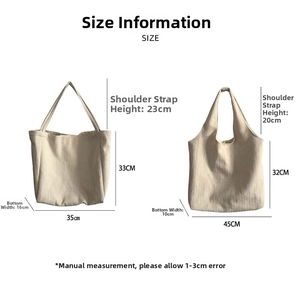 Size chart showing dimensions for minimalist tote bags with strap and body measurements