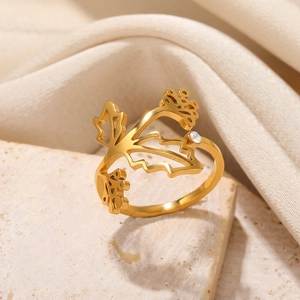 Macro shot of gold adjustable ring featuring delicate leaf design and small zircon stone