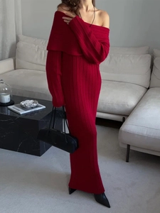 Chic red off-shoulder knitted long dress with ribbed texture and slim bodycon fit
