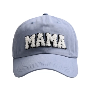 Detail of light blue cotton baseball cap with white MAMA chenille letter embroidery