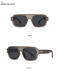 Front and side view of square retro sunglasses with gray matte frames and silver metal trim