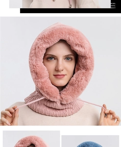 Detailed close-up of thickened faux fur collar and knit texture on hooded winter scarf