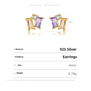 Detail view of S925 silver stud earrings with purple and champagne rectangle stones