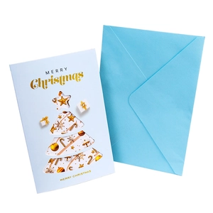 3D hollow Christmas card set with gold stamping and sky blue envelope on white background