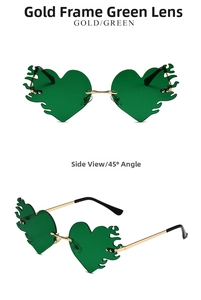 Close-up of heart-shaped flame green lenses with gold metal frames shown in two angles