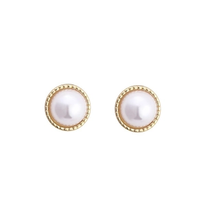 Elegant geometric pearl stud earrings with textured gold border on a white background
