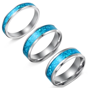 Fashion Ring Stainless Steel Blue Faux Opal Inlay Polished Band Jewelry Gift For Men Women Unisex