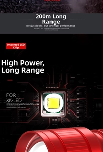 Macro detail of high-power LED core in red rechargeable mini flashlight for long-range beam