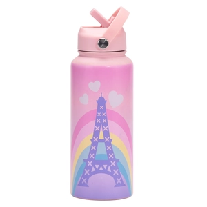 Detail of pink gradient stainless steel bottle with Eiffel Tower print and straw lid